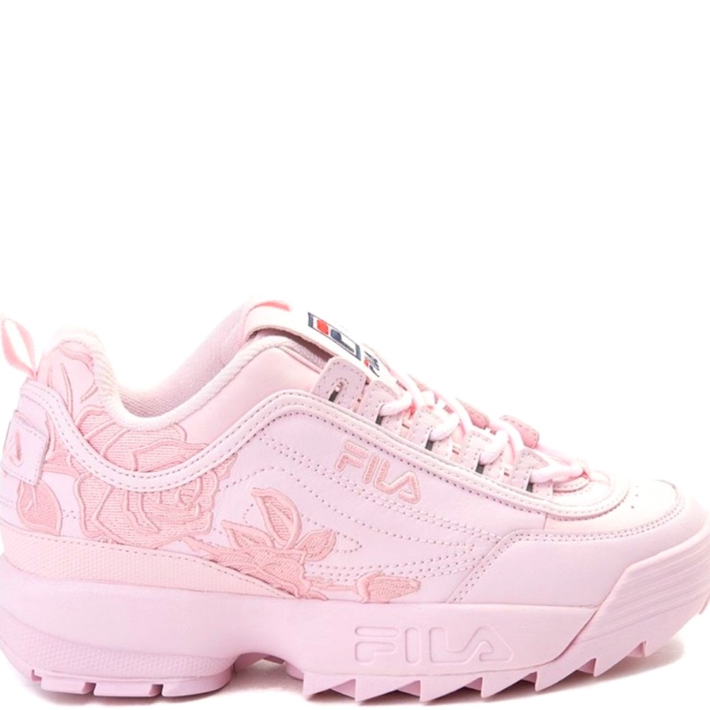 Pink Fila Disruptor 2 with Embroidered Roses, Size 9